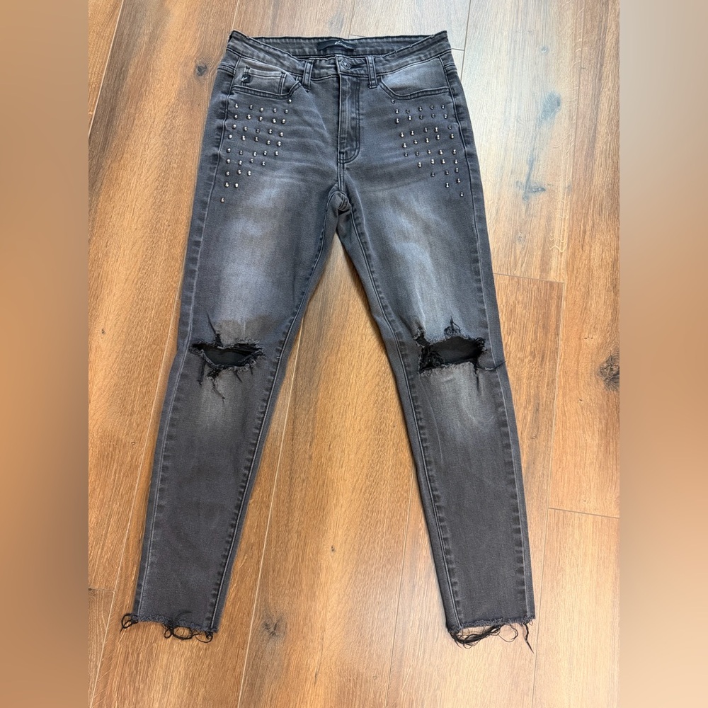 KanCan Gray Studded Distressed Skinny Jeans